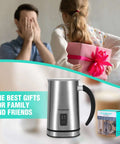 4 In 1 Milk Frother And Steamer For Home Barista-Grade Drinks, shown in stainless steel, with a gift box in the background.