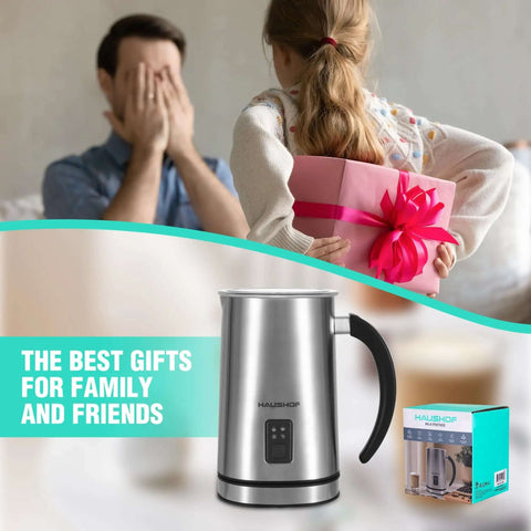 4 In 1 Milk Frother And Steamer For Home Barista-Grade Drinks, shown in stainless steel, with a gift box in the background.