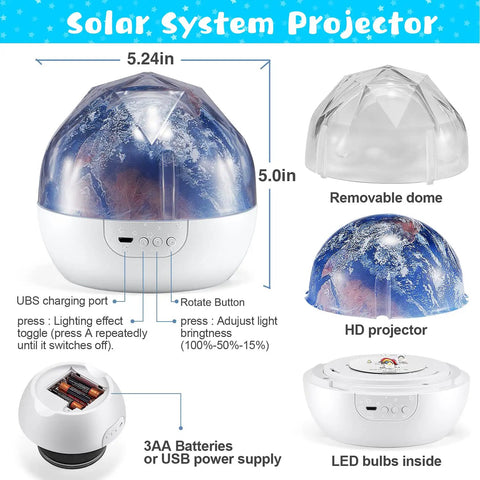 Kids Space Projector Night Light With 360 Degree Rotation And Five Projection Films showing removable dome and dimensions