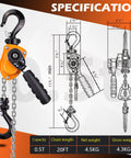 Front view of YATOINTO mini lever chain hoist 0.5T with orange body, black grip handle, and 20 ft steel chain and hook