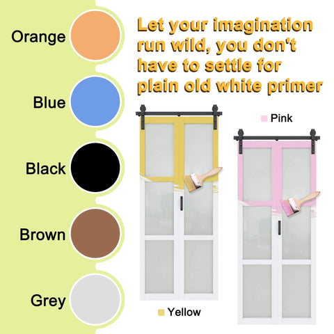 Color options for Space Saving Frosted Glass Bi Fold Barn Door With Paintable White Primed Surface 36 By 84 Inches displayed