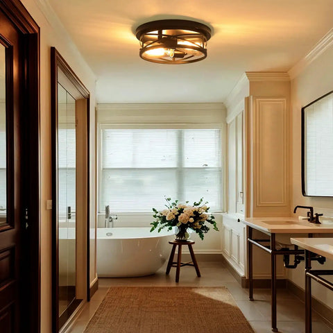 Bathroom with Black Flush Mount Ceiling Light Industrial Vintage Metal Cage Fixture Close To Ceiling For Kitchen Hallway Bedroom