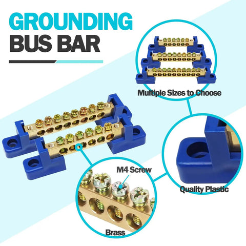 Six Piece Grounding Bus Bar Kit With Six, Eight And Ten Position Brass Terminal Blocks and M4 Screws on insulating base
