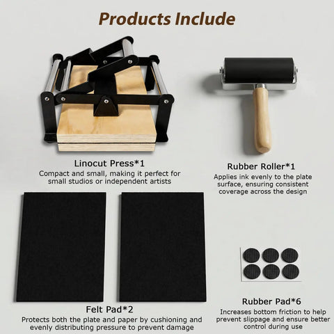 Versatile Hand Lever Linocut Printing Press With Rubber Roller And Felt Pad Handy For Linocut And Woodcut Projects contents