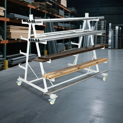 Beefy Heavy-Duty Rolling Pipe Storage Rack With Wheels, 5-Tier Conduit Organizer Cart in garage setting, 2000 lb capacity