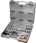 SAE And Metric 100 Piece Socket Set With One Quarter Inch Drive Three Eighths Inch Drive And One Half Inch Drive Plus Bit Set
