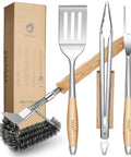 Heavy Duty 4 Piece BBQ Tool Set With Stainless Steel Spatula Tongs Fork And Cleaning Brush Wood Handle Outdoor Grill Utensils Kit Perfect Dad Gift For Backyard Grillin And Summer Cookouts