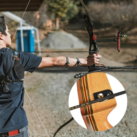 Magnetic Recurve Bow Arrow Rest Set Four Piece Metal Arrow Rest With Adhesive Backing in use by archer on recurve bow