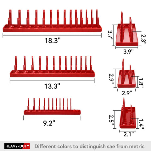 Front and side views of Six Piece Socket Organizer Tray Set For One Quarter Three Eighths And One Half Inch Drives With Red SAE Storage Trays