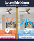 Dope 42 Inch Modern Farmhouse LED Ceiling Fan With Light Pull Chain Dual Mounting Options Dual Finish Blades Quiet Reversible Motor Brushed Nickel Ideal For Kitchen Bedroom Living Room illustrated in winter and summer settings