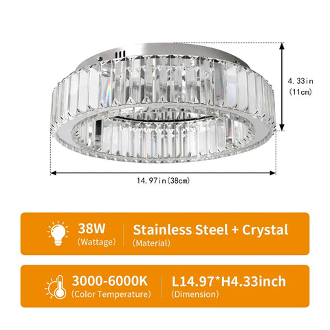 Crystal Ceiling Light Chandelier LED Flush Mount With Three Color Temperatures Modern Sparkling Lighting Fixture dimensions