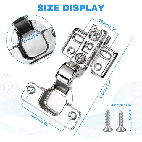 Close-up of 10 Pack 1 3/8 Inch Cabinet Hinges With Soft Close, showing 35mm cup, screws included, with size measurements.