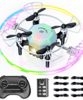 Mini RC Drone Quadcopter for Kids with bright neon LED lights and durable ABS build, includes remote and extra blades, kid-friendly toy.