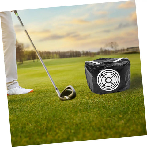 Impact Hitting Bag Golf Swing Trainer Mesh Practice Tool for Enhanced Accuracy on grass with golf club in view