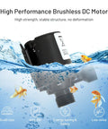 High Flow 12V DC Water Circulation Pump With Ultra Quiet Brushless Motor floating in water with goldfish and performance icons
