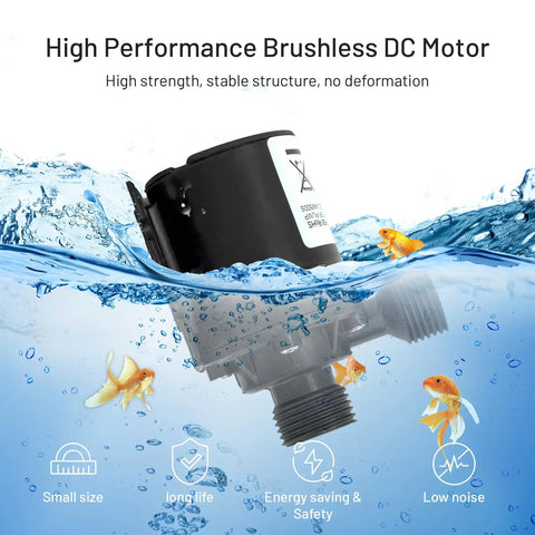 High Flow 12V DC Water Circulation Pump With Ultra Quiet Brushless Motor floating in water with goldfish and performance icons