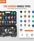 Heavy Duty 28 Piece Universal Radiator Pressure Tester Kit With No Sweat Manual Coolant Refill, adapter caps and gauge in case.
