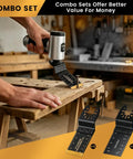 50 Piece Oscillating Blades Kit For Wood And Metal, Dual Material Set With 45 HCS Blades For Clean Wood Cuts And 5 Titanium Coated Blades For Wood Or Metal Tough Jobs, 35mm Blades, Durable Multi Tool Upgrade in use on wood