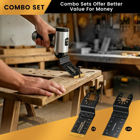50 Piece Oscillating Blades Kit For Wood And Metal, Dual Material Set With 45 HCS Blades For Clean Wood Cuts And 5 Titanium Coated Blades For Wood Or Metal Tough Jobs, 35mm Blades, Durable Multi Tool Upgrade in use on wood