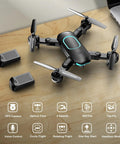 Beginner Friendly 1080P Foldable Drone With Light, Stable Altitude Hold, Gesture Selfie, batteries, features, on wooden table.