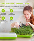 Woman harvesting sprouts from 12 Pack Green Seed Sprouter Trays With Lid For Soil Free Germination Indoors Outdoors kit.