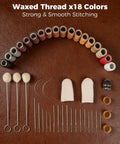 18 waxed threads, needles, and stitching tools from Your Go To Leather Working Starter Kit With 101 Pieces Stainless Steel And Wood Handle Tools