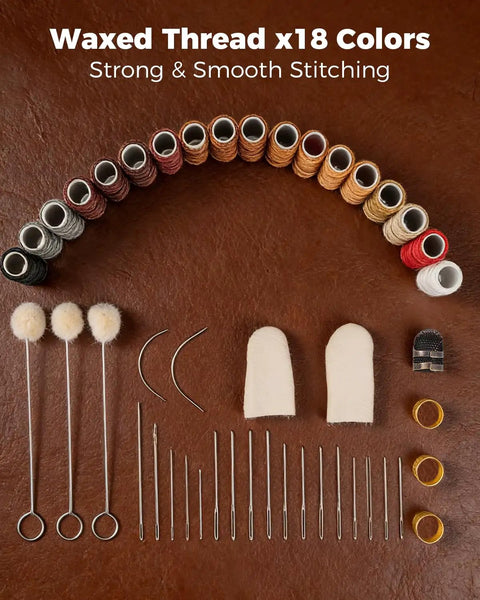 18 waxed threads, needles, and stitching tools from Your Go To Leather Working Starter Kit With 101 Pieces Stainless Steel And Wood Handle Tools