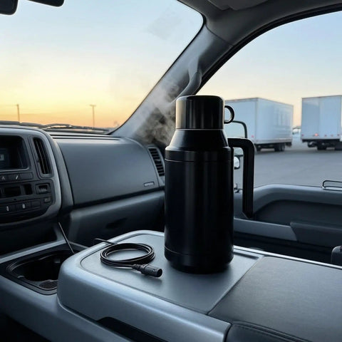 Road Ready Stainless Steel 12V And 24V Car Water Heater Plugs Right Into Cigarette Lighter Portable Electric Kettle on dashboard.