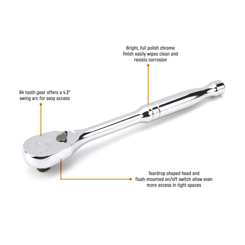Two Piece Ratchet Set With One Fourth Inch And Three Eighths Inch Drives 84 Tooth Full Polish Chrome Teardrop Flex Head Enclosed Head