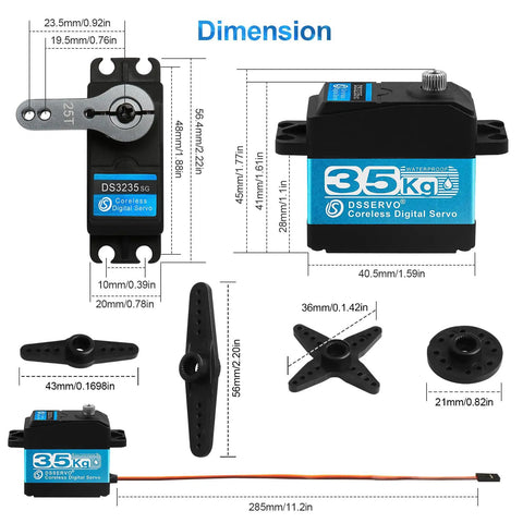 Beefy 35Kg Torque RC Servo With Waterproof Digital Full Metal Gear Steering, dimensions and parts layout in image