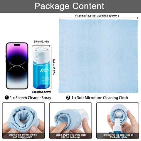 Screen Cleaner Spray 200ml For TV Computer Laptop Tablet And Phone Screens With Soft Cloth All In One Cleaning Kit showing contents