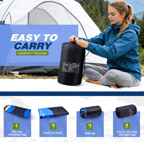 Woman using Go-To Lightweight 3-Season Sleeping Bag For Adults With Waterproof Shell Packable Backpacking Gear With Compression Sack Comfort Range 50-68F Ideal For Travel Hiking Camping Outdoor And Indoor Use in front of a tent