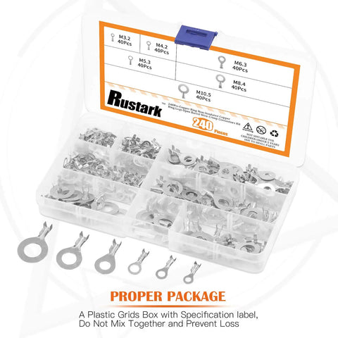 Six Size Copper Ring Crimp Terminals Kit 240 Pcs Non Insulated O Type Open Barrel Wire Lugs in plastic case M3.2 to M10.5