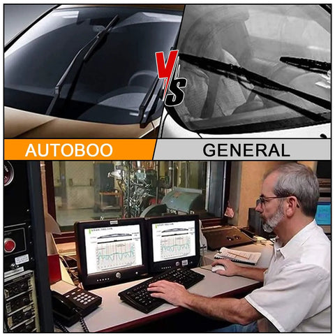 AUTBOO 26" and 16" windshield wiper blades, pack of 2; front view on car windshield with lab technician at computer.