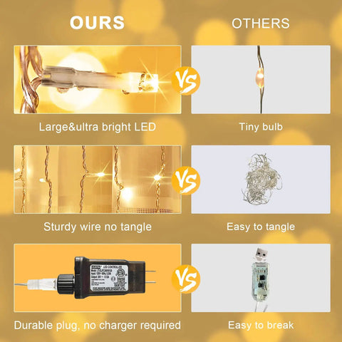 Comparison of 300 LED Curtain Lights With Remote Control for Indoor Outdoor Use, highlighting bright LEDs, sturdy wire, durable plug