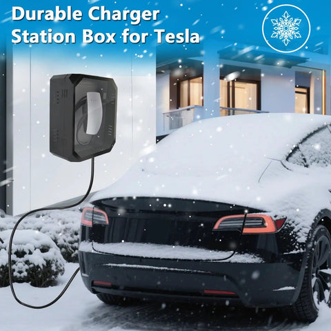 Outdoor Charger Station Cover Box For Tesla Gen 3 Wall Connector and Electric Vehicle Charge Point Weatherproof Cold Rolled Steel Enclosure in snowy setting.