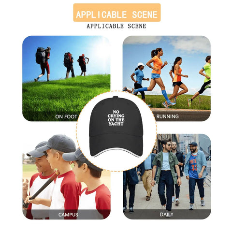 No Crying On The Yacht Golf Hat For Men displayed in various outdoor settings like hiking, running, and casual wear