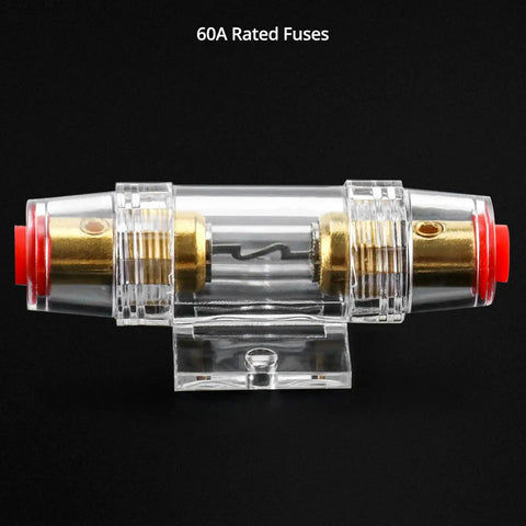 Heavy Duty Drip Proof Inline Fuse Holder With Two 60A Agu Fuses For 4 To 10 Awg Car Audio Wiring showing clear casing and gold connectors.