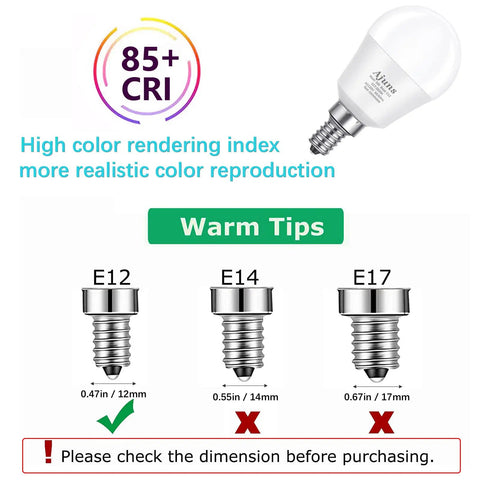 Comparison of E12, E14, and E17 bases alongside Crazy Bright Daylight LED Bulbs For Ceiling Fans And Chandeliers, 4 pack.