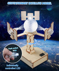 Hands On STEM Kit For Kids Ages Eight To Thirteen Five Wooden 3D Puzzles And Educational Science Experiment Building Projects Crafts Toys For Boys And Girls Perfect Birthday Gift And Learning Toys showing geotational satellite model with LED and rotatable axis.