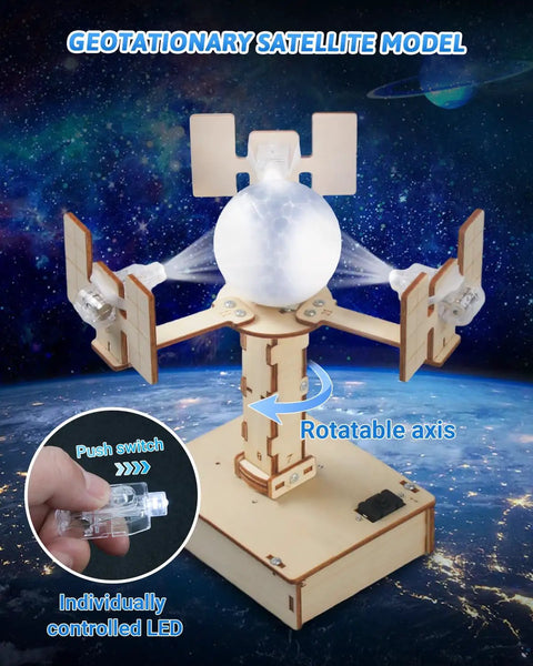 Hands On STEM Kit For Kids Ages Eight To Thirteen Five Wooden 3D Puzzles And Educational Science Experiment Building Projects Crafts Toys For Boys And Girls Perfect Birthday Gift And Learning Toys showing geotational satellite model with LED and rotatable axis.