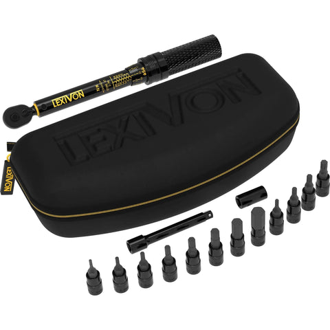 Bike Torque Wrench Set 1/4-Inch Drive, 15-Piece Kit with 72-Tooth Dual-Direction Click, laid out with case and bits
