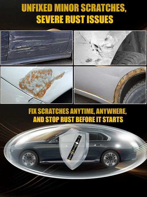 Image showing car scratches, rust issues, and a Car Paint Touch Up Pen For Scratch Repair In Champagne Gold, Easy To Use Auto Scratches Remover.
