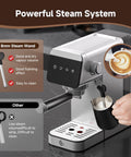 Espresso Coffee Machine With 20 Bar Pressure, LED Touch Screen, Compact Design shown with frothing milk and coffee cup.