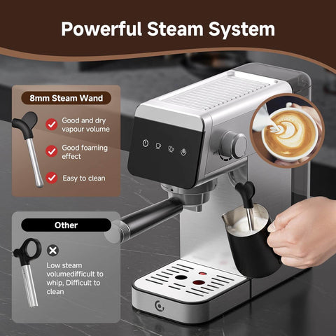 Espresso Coffee Machine With 20 Bar Pressure, LED Touch Screen, Compact Design shown with frothing milk and coffee cup.