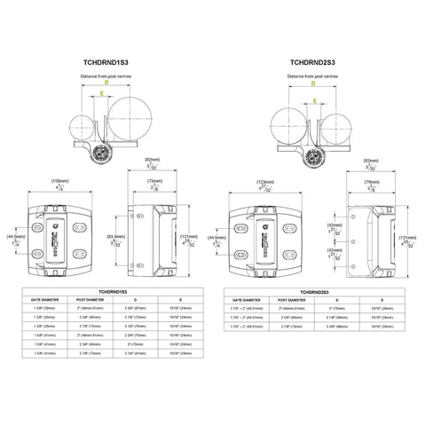 Technical diagram of TruClose Self Closing Round Post Gate Hinges showing dimensions and compatible gate diameters.