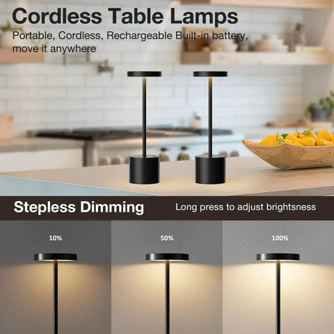 Cordless Table Lamp Set of 2 with 4000mAh Rechargeable Battery Wireless LED Lamps showing stepless dimming feature in kitchen