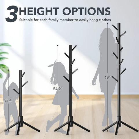 Freestanding Wooden Coat Rack With 8 Hooks, Easy Assembly, 3 Adjustable Heights, New Zealand Pine, Black Finish displayed in 3 sizes.