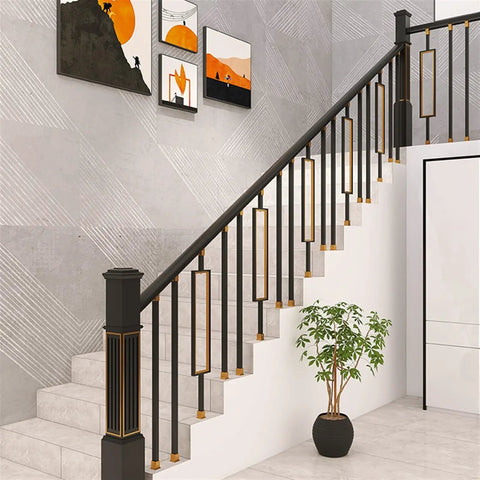 Top Shelf Square Metal Balusters And Staircase Spindles For Deck Railings 37 Inch High in black and gold finish on indoor staircase.