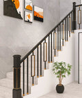 Top Shelf Metal Balusters and Staircase Spindles Measuring Thirty Seven Inches Tall for Deck Railings, Clean Black Gold Finish, Heavy Duty Anti Rust Steel Posts, No Sweat Floor Mounting with Adjustable Brackets, No Brainer for Lofts and Porches in stylish staircase setup.